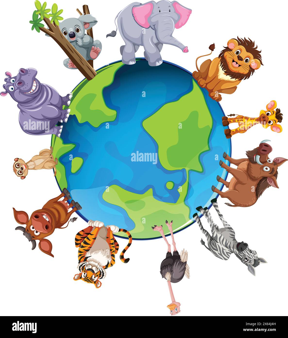 Cartoon animals united around a stylized Earth Stock Vector