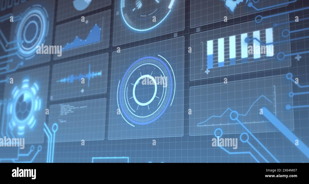 Image of interface with round scanner and data processing against blue background Stock Photo