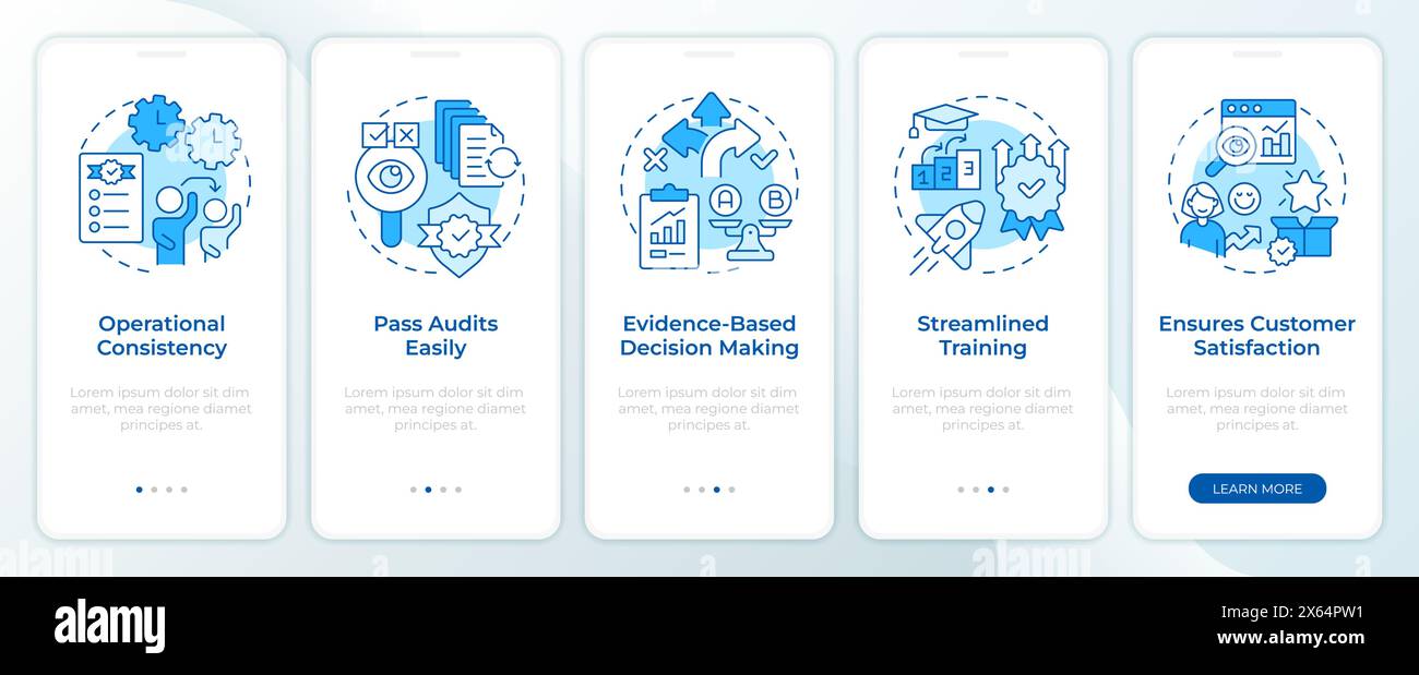 QMS organization benefits blue onboarding mobile app screen Stock Vector