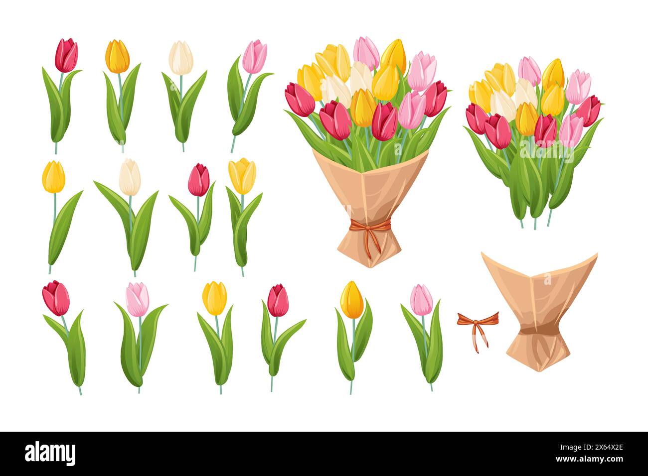 Various types of tulips in different colors. Bouquet of tulips. Vector illustration in cartoon style. Stock Vector