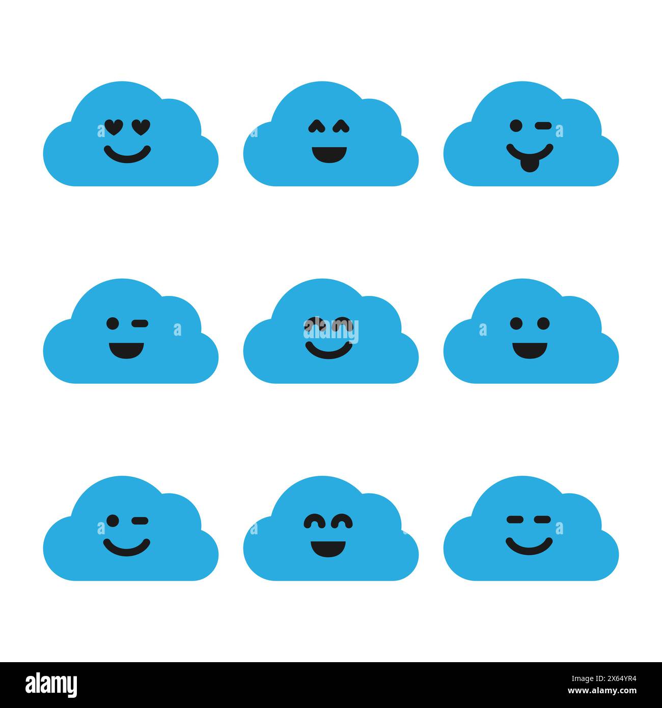 Set of clouds with smiles. Nine blue clouds with different smiley. Vector illustration Stock Vector