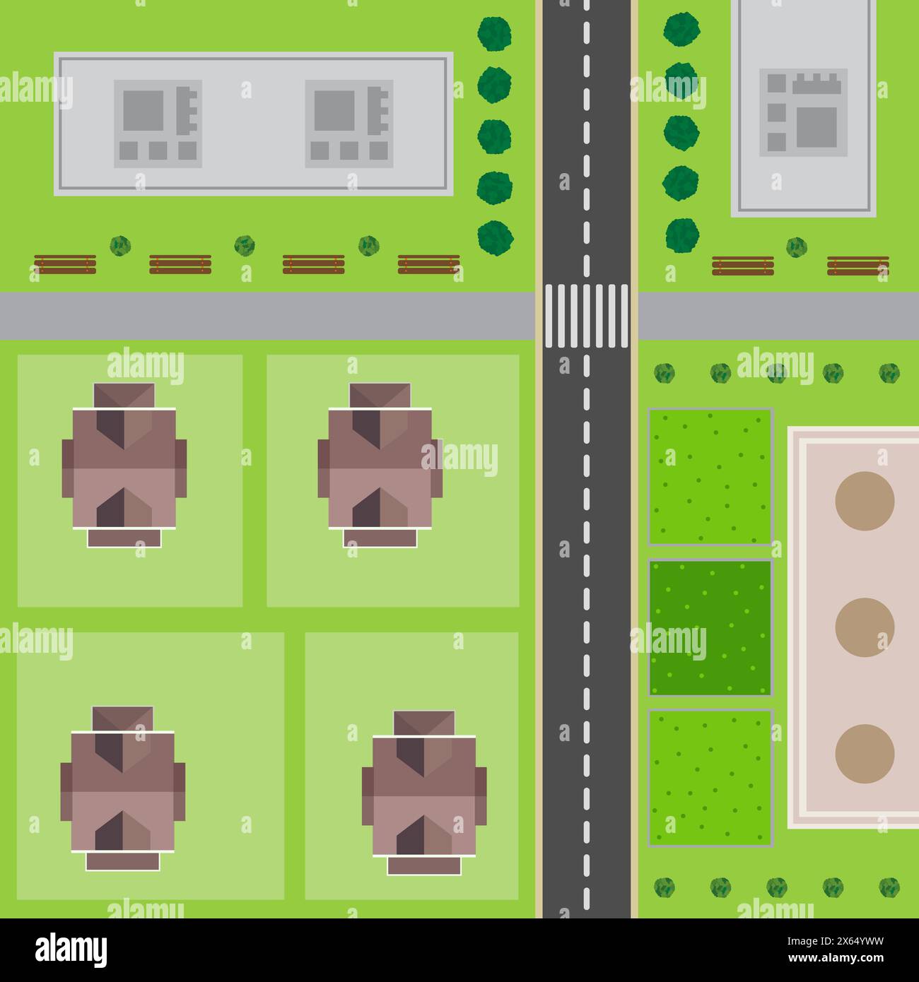 Plan Of City. Top view of the city with the road, high-rise buildings, trees, shrubs and private houses. Stock Vector