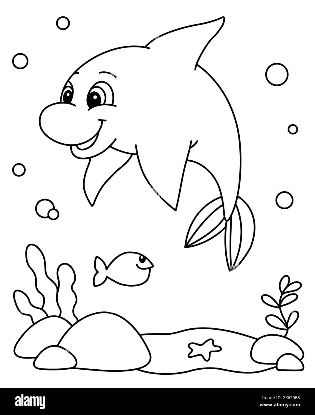 Cute Dolphin Coloring Page. Ocean Animals Coloring Book For Kids. Under The Sea Vector Illustration. Underwater Cartoon Stock Vector