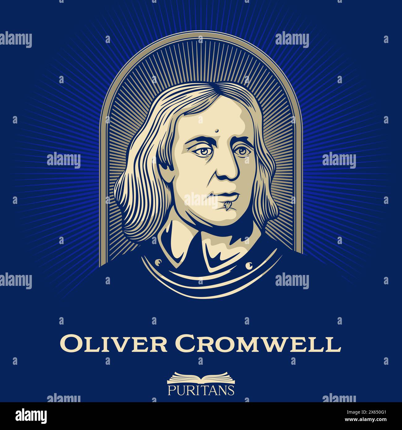 Great Puritans. Oliver Cromwell (1599-1658) was an English statesman, politician, and soldier, widely regarded as one of the most important figures in Stock Vector
