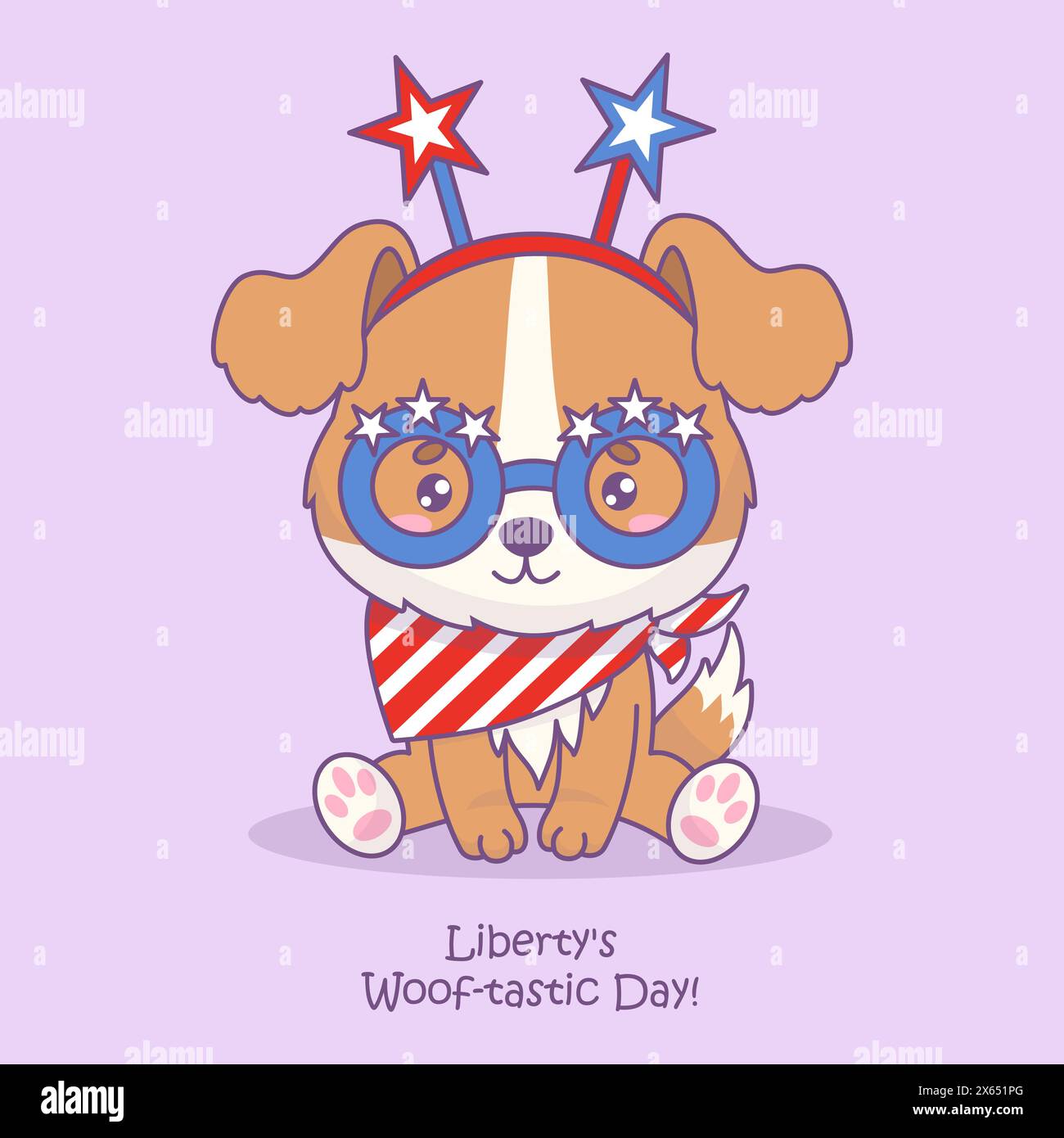 Funny dog wearing holiday accessories in colors of American flag. Cute cartoon patriotic animal character. Postcard American Independence Day. Vector Stock Vector