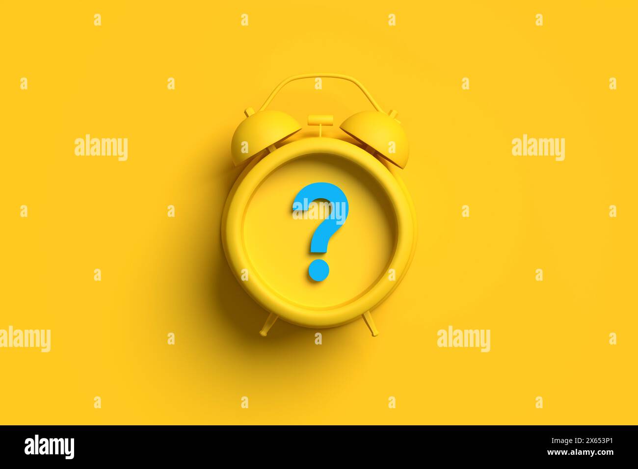 Yellow alarm clock with question mark symbol on background. Time management or FAQ frequently