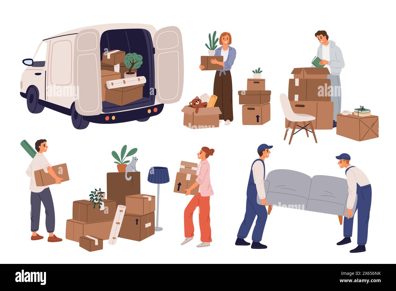 People moving to new housing. Family relocation. Persons collect things