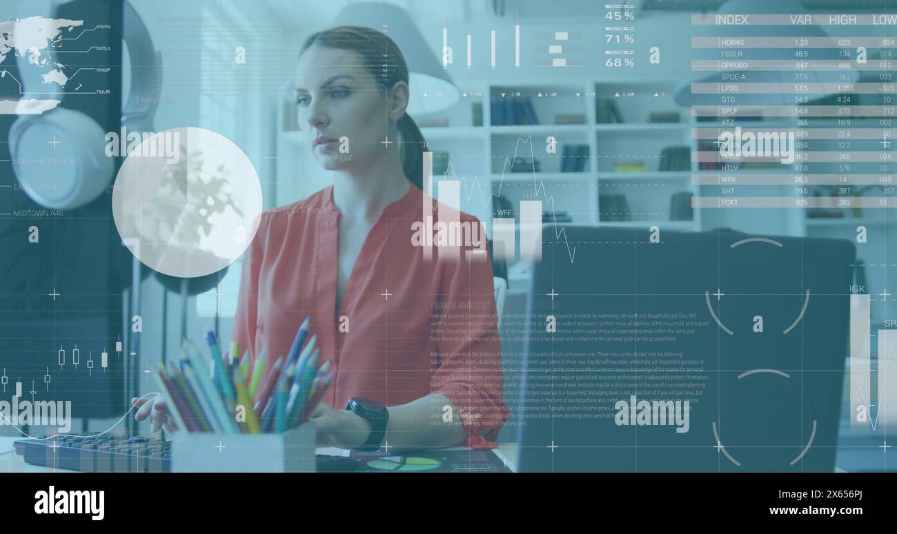 Image of statistical data processing against thoughtful caucasian woman using computer at office Stock Photo