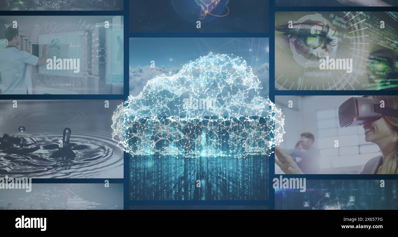 Image of digital cloud and data processing on screens Stock Photo