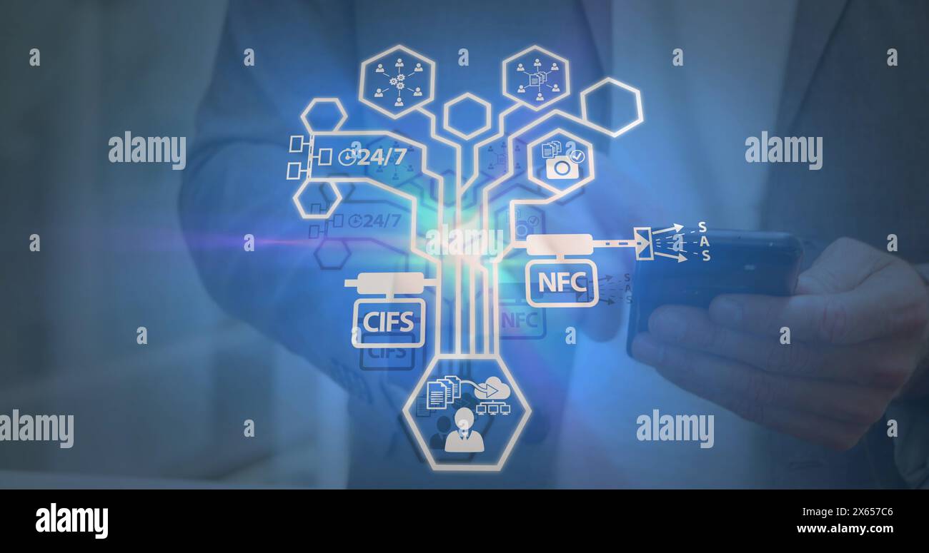 Image of connections with technology icons over caucasian man using smartphone Stock Photo