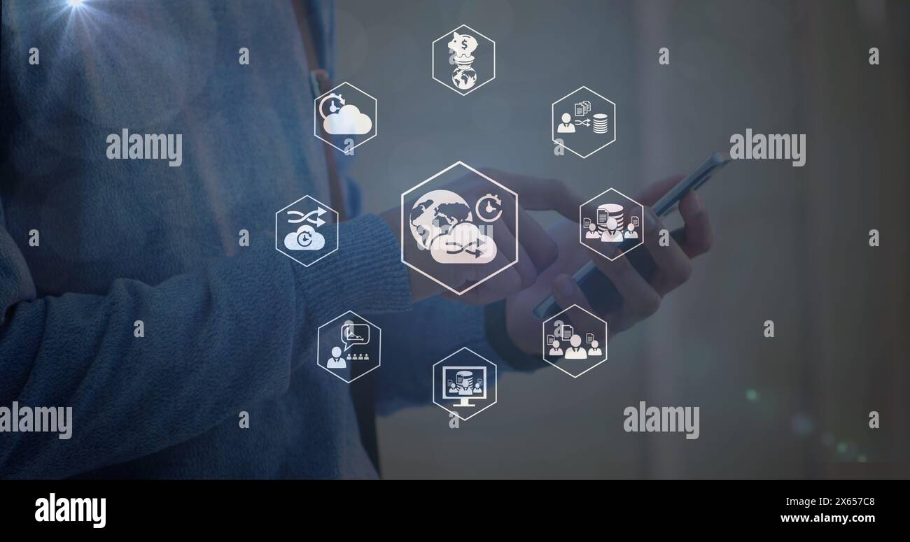 Image of connections with technology icons over caucasian man using smartphone Stock Photo