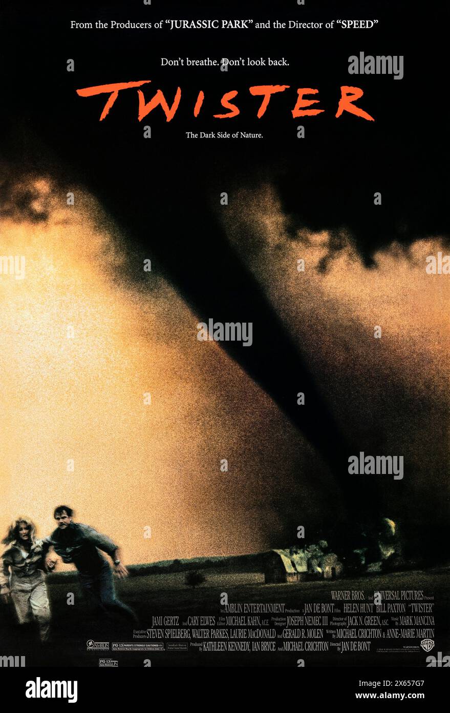 Twister (1996) directed by Jan de Bont and starring Helen Hunt, Bill Paxton and Cary Elwes. Two storm chasers on the brink of divorce must work together to create an advanced weather alert system by putting themselves in the cross-hairs of extremely violent tornadoes. Photograph of an original 1996 US one sheet poster. ***EDITORIAL USE ONLY*** Credit: BFA / Warner Bros Stock Photo