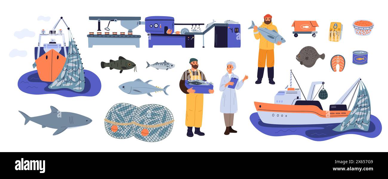 Fishing industry. Fishery elements. Ocean vessel with nets. Processing conveyor for catch conservation. Cartoon fishermen or technologist. Seafood pro Stock Vector