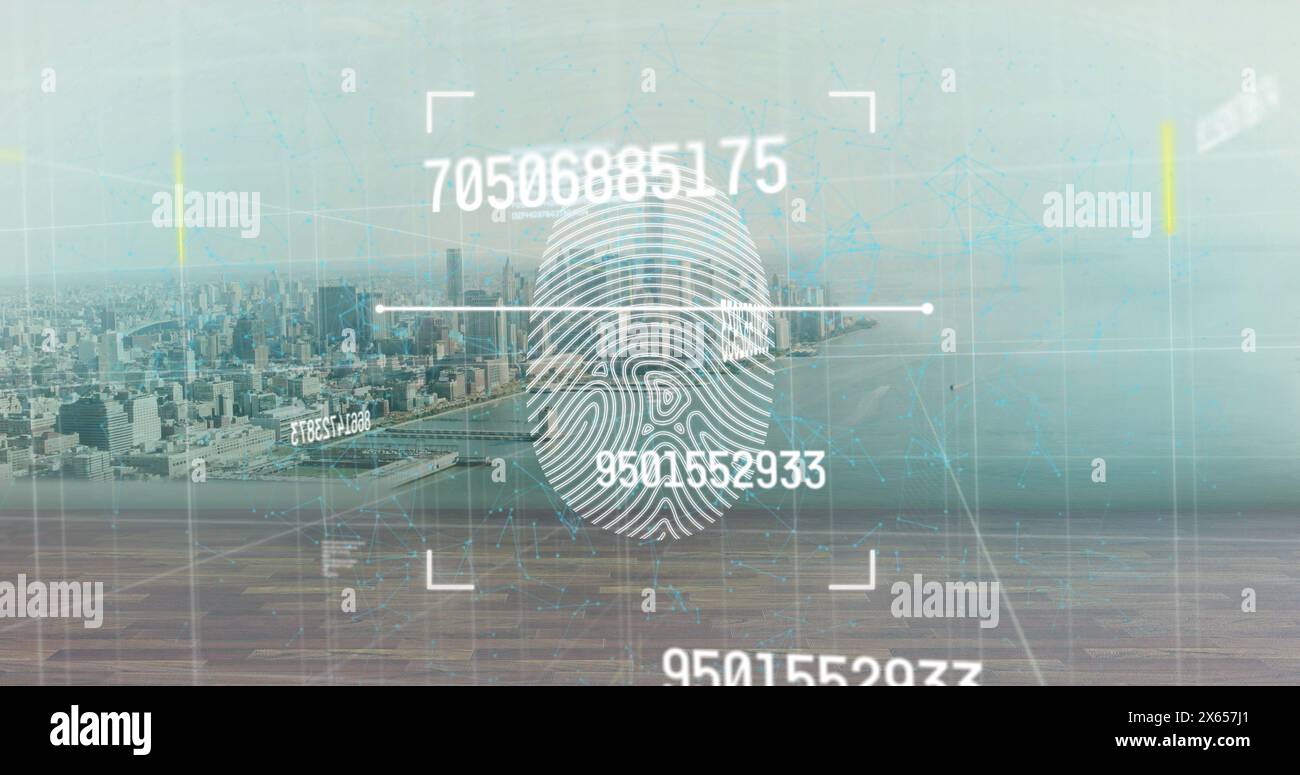 Image of data processing and fingerprint over cityscape Stock Photo