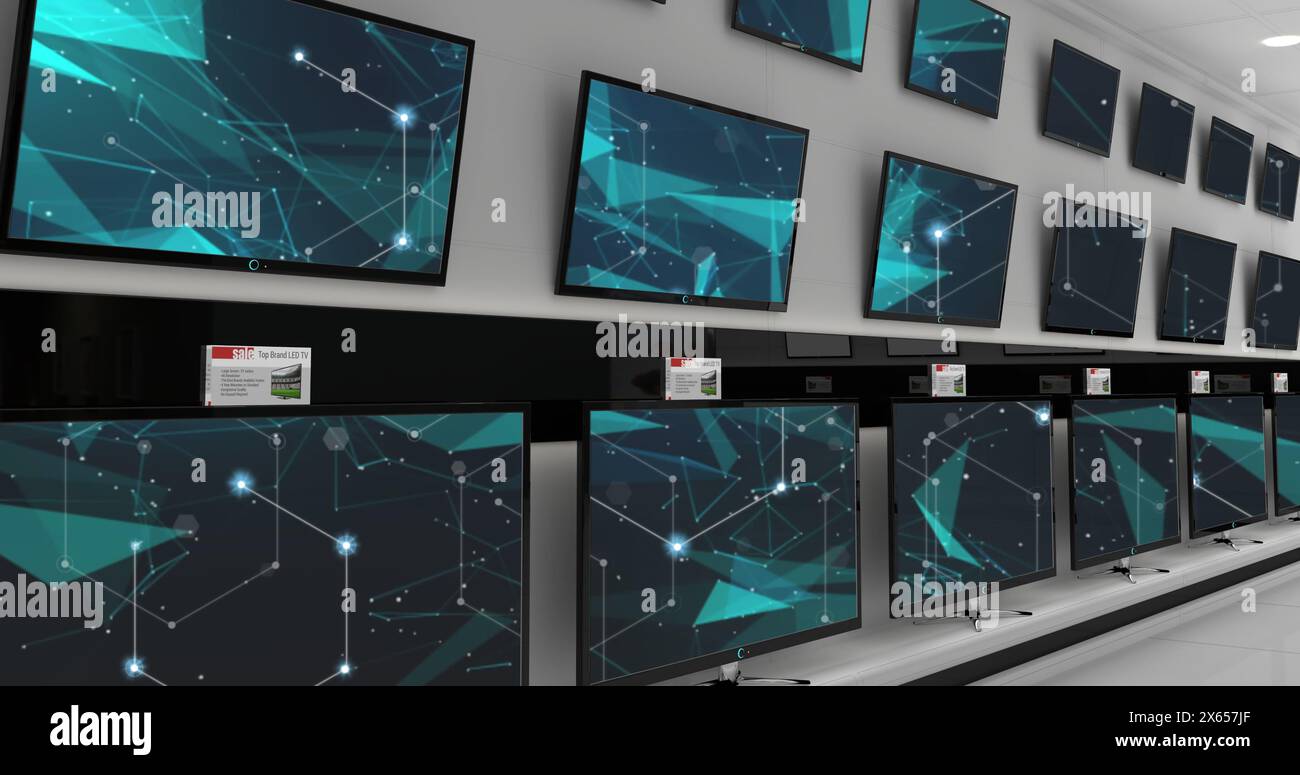 Image of connections over wall with tv screens Stock Photo