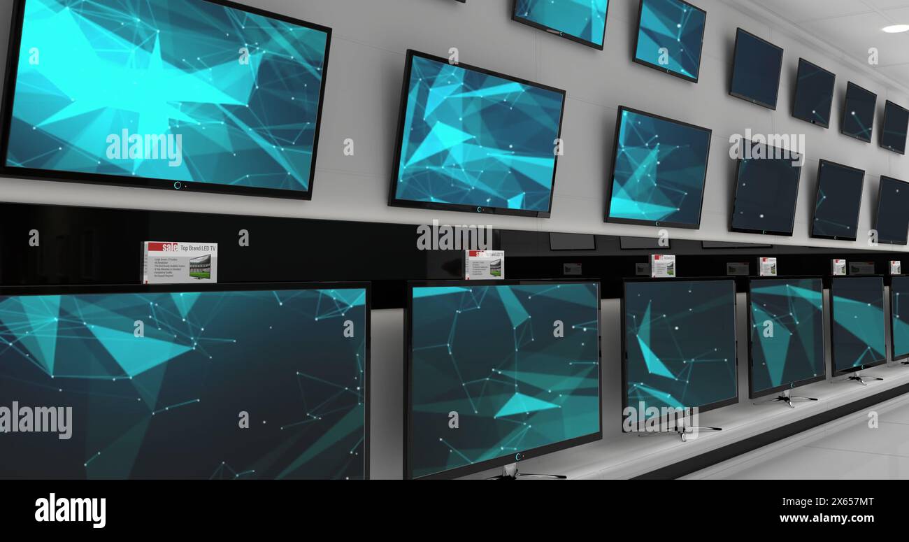 Image of connections over wall with tv screens Stock Photo