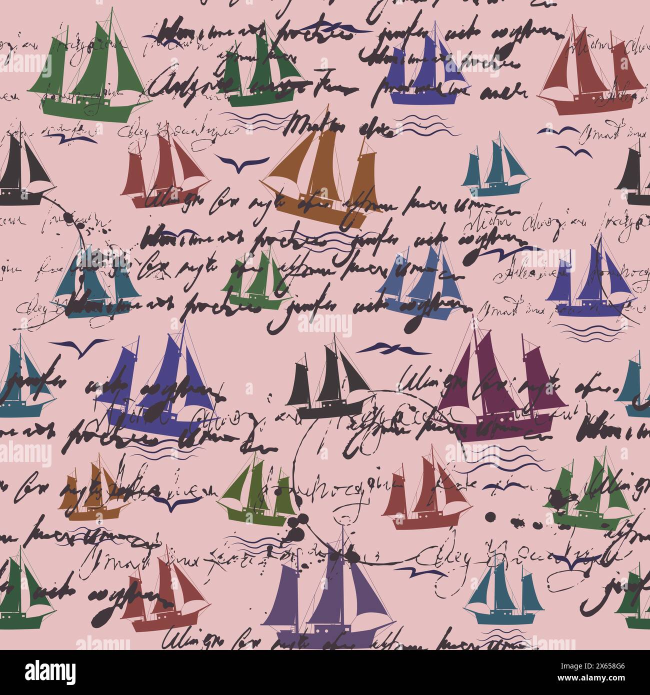 Sailboat seamless pattern, unreadable text, handwritten notes, palm ...