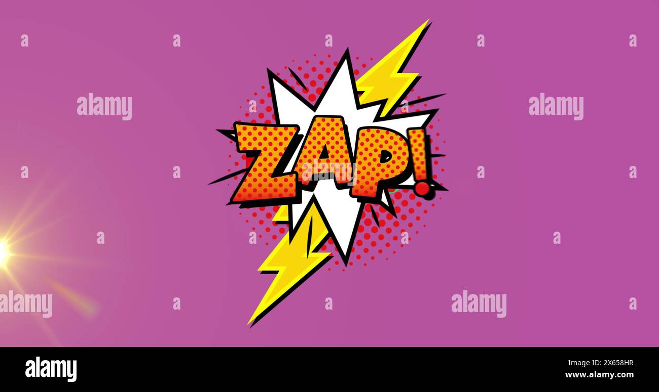 Image of boom text over retro star speech bubble and yellow flashes on pink background Stock Photo