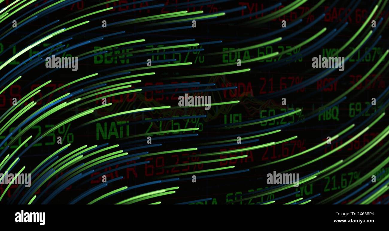 Image of light trails over data processing Stock Photo