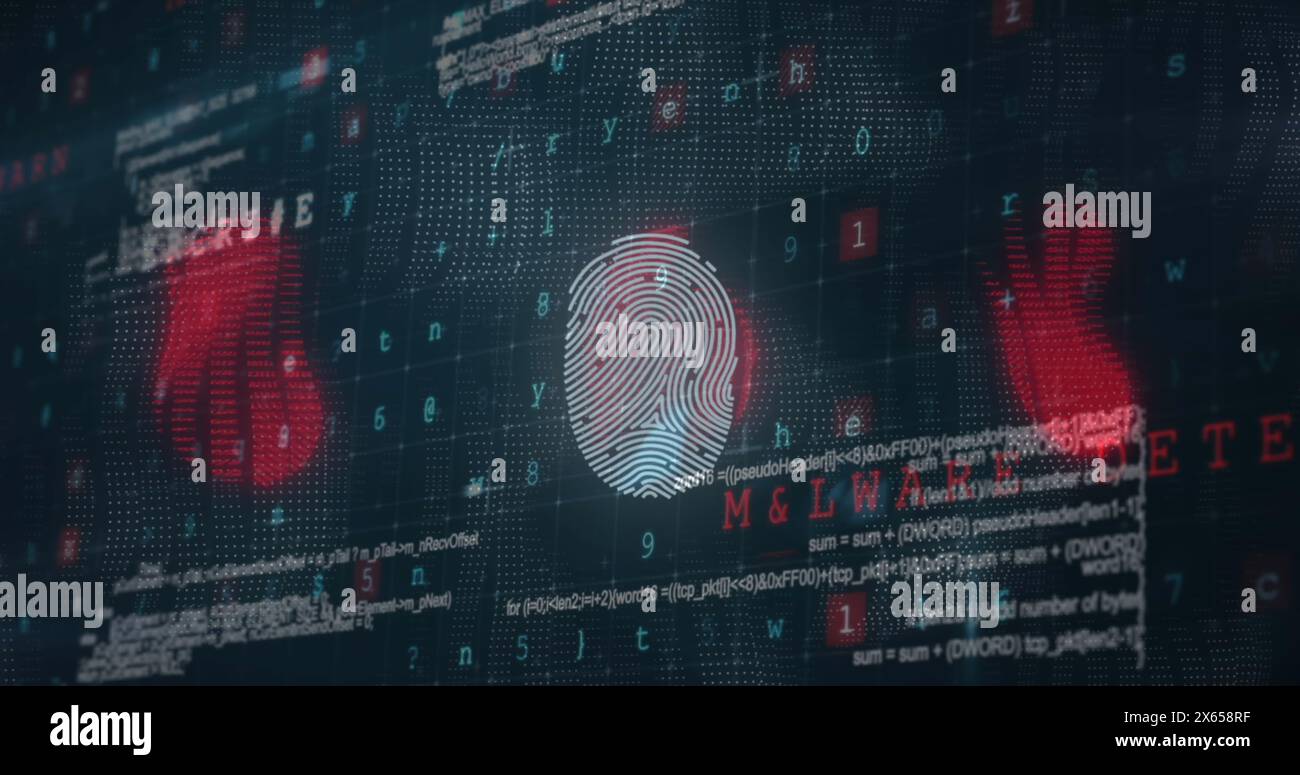 Image of data processing and fingerprint on dark background Stock Photo