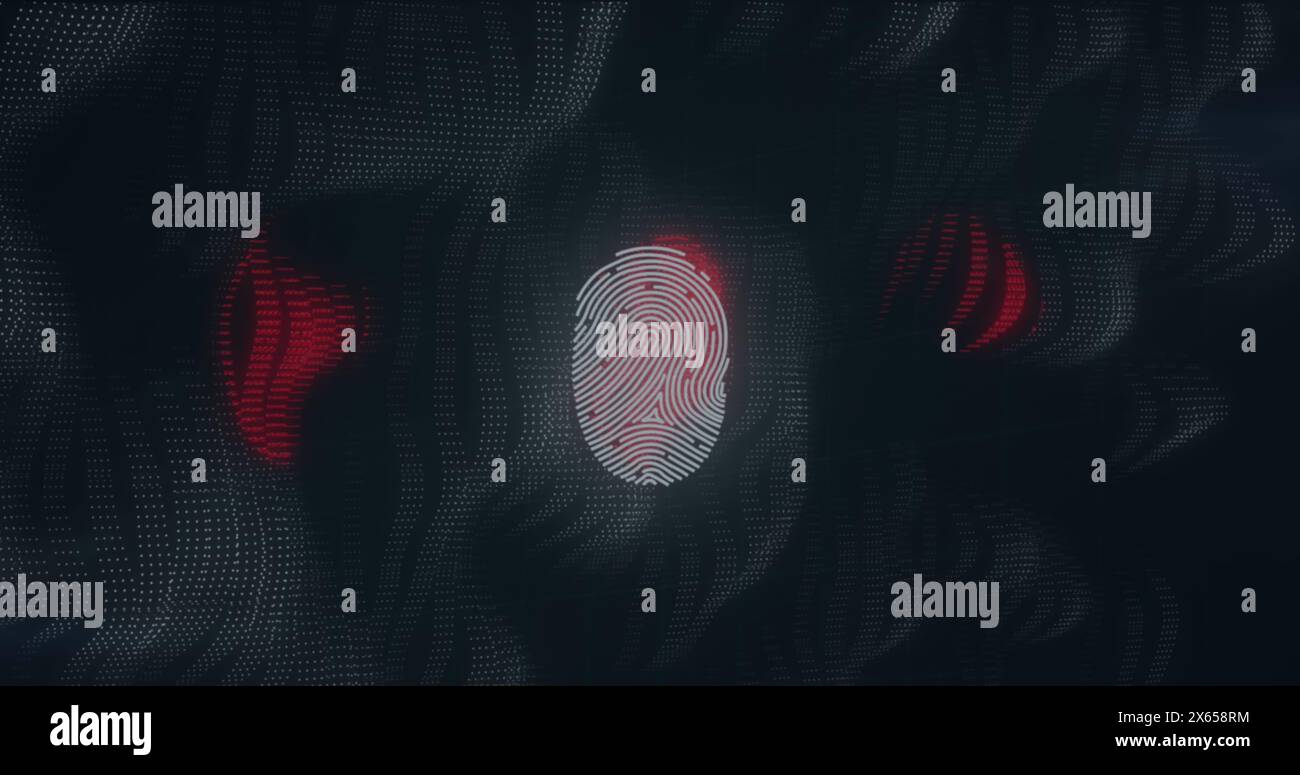 Image of data processing and fingerprint on dark background Stock Photo