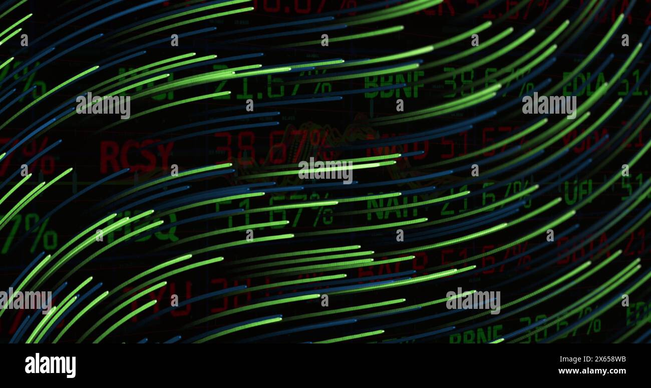Image of light trails over data processing Stock Photo