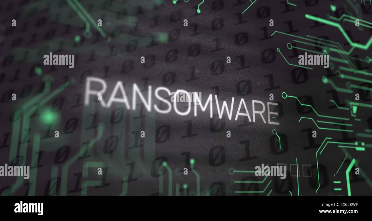 Image of ransomware text and binary coding data processing over computer motherboard Stock Photo