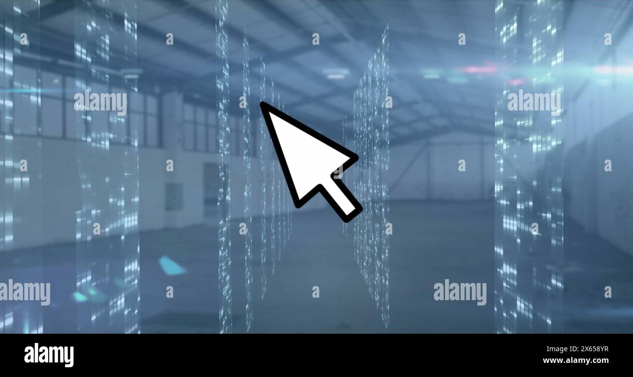 Image of arrow cursor icon over multiple screens of mosaic squares ...