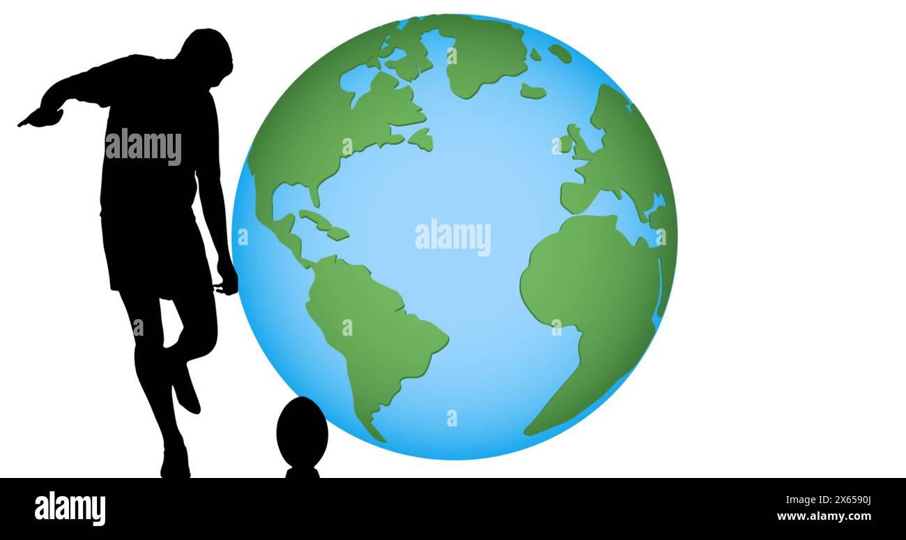 Image of rugby player silhouettes over globe on white background Stock Photo
