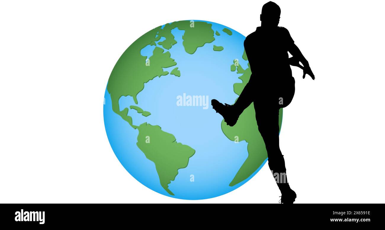 Image of rugby player silhouettes over globe on white background Stock Photo