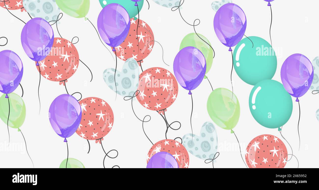 Image of heart shaped balloons and stars on balloons moving on white ...