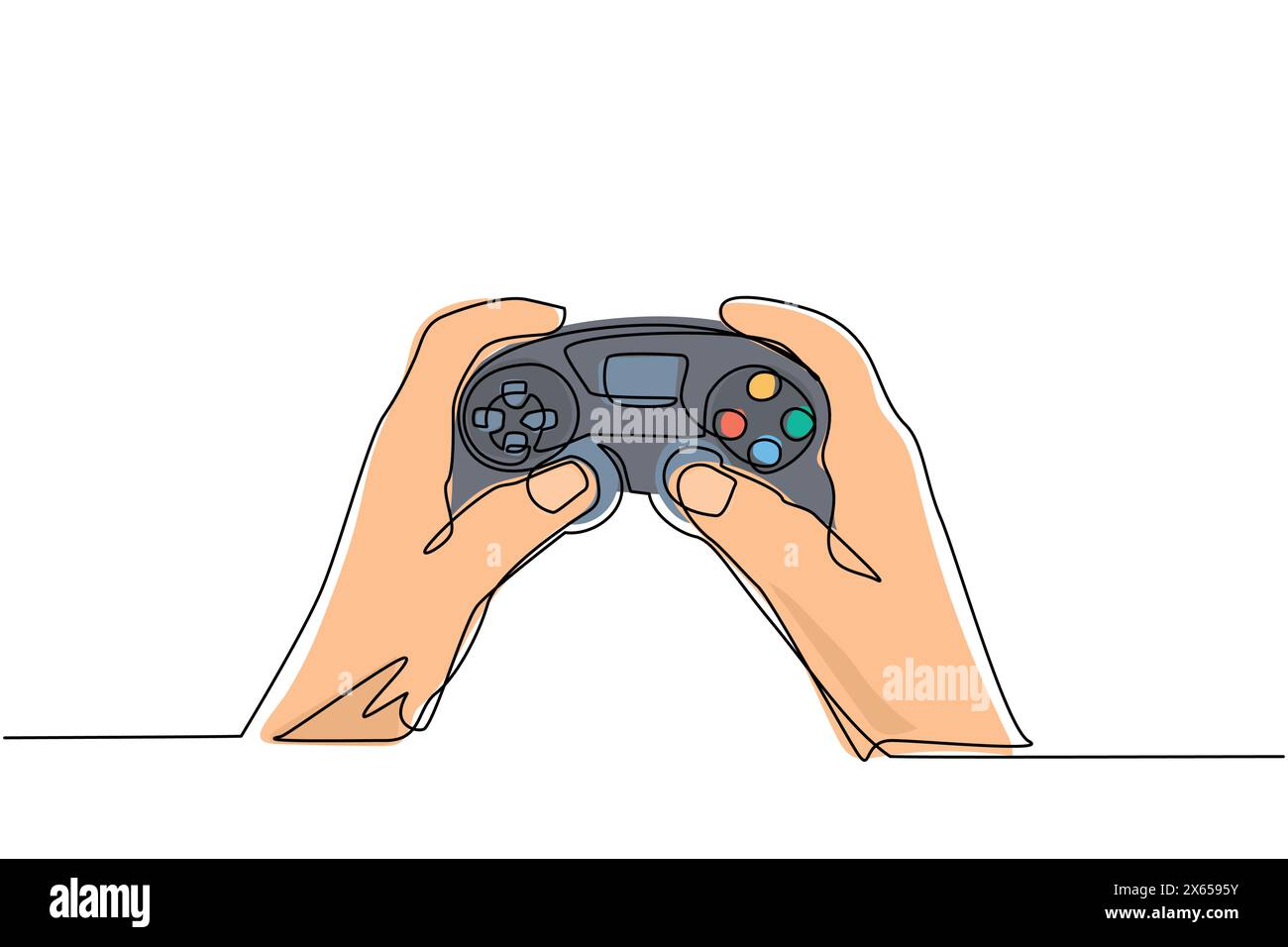 Single one line drawing young man hands holding video game console. Gamer holding in hand gamepad. Man playing video game. Leisure time at home. Conti Stock Vector