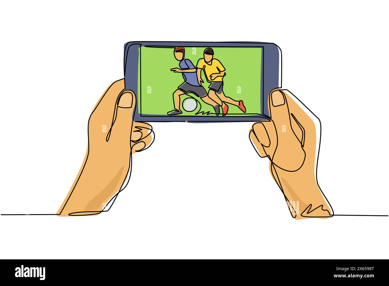 Single one line drawing soccer or football league live streaming on mobile phone. Man hands holding smartphone and watch any live football match onlin Stock Vector