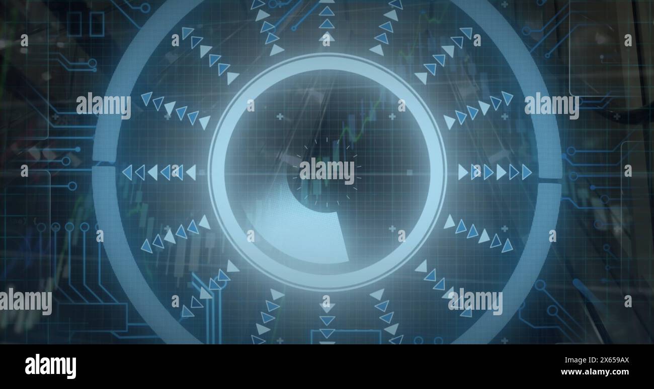 Image of round scanner, microprocessor connections and financial data processing over escalator Stock Photo