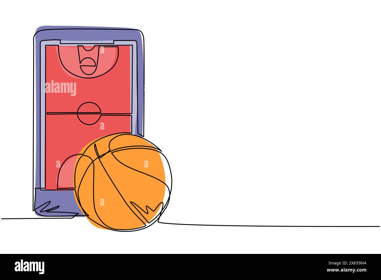 Continuous one line drawing smartphone with app basketball court and ball. Online basketball games. Smartphone applications. Mobile basketball. Single Stock Vector