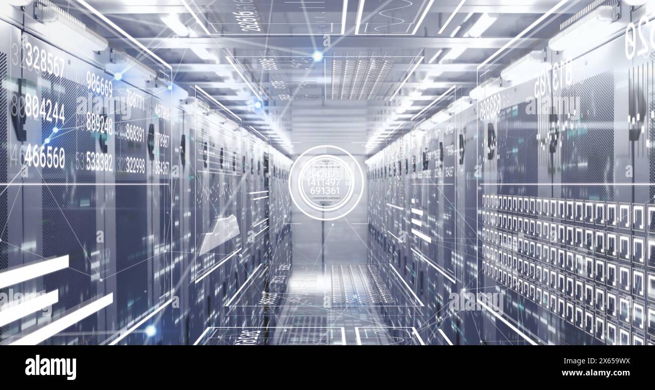 Image of connected dots, loading bars, circles, squares, graphs over server room Stock Photo