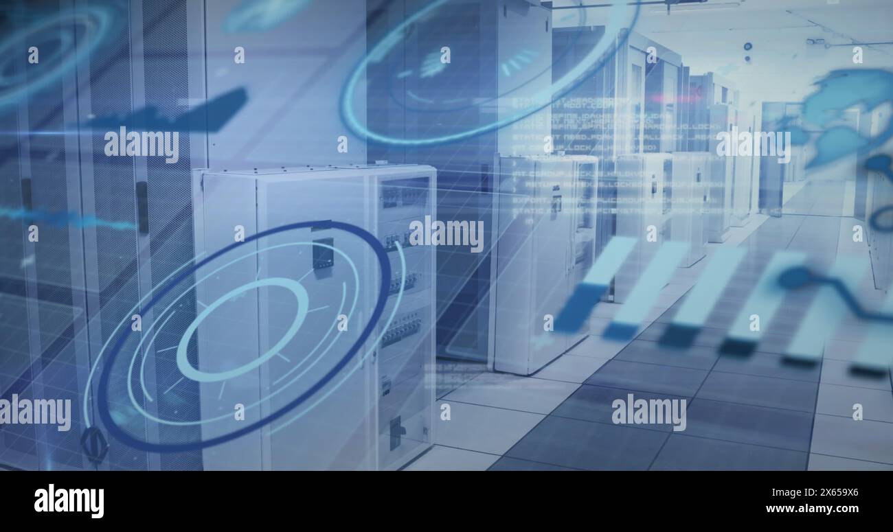 Image of graphs, loading circles, globe, computer language over data server room Stock Photo