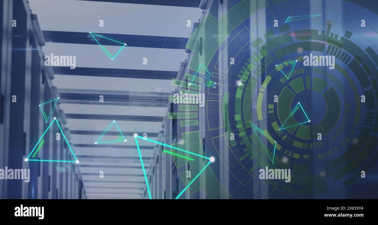 Image of connected dots forming triangles and loading circles over server room Stock Photo