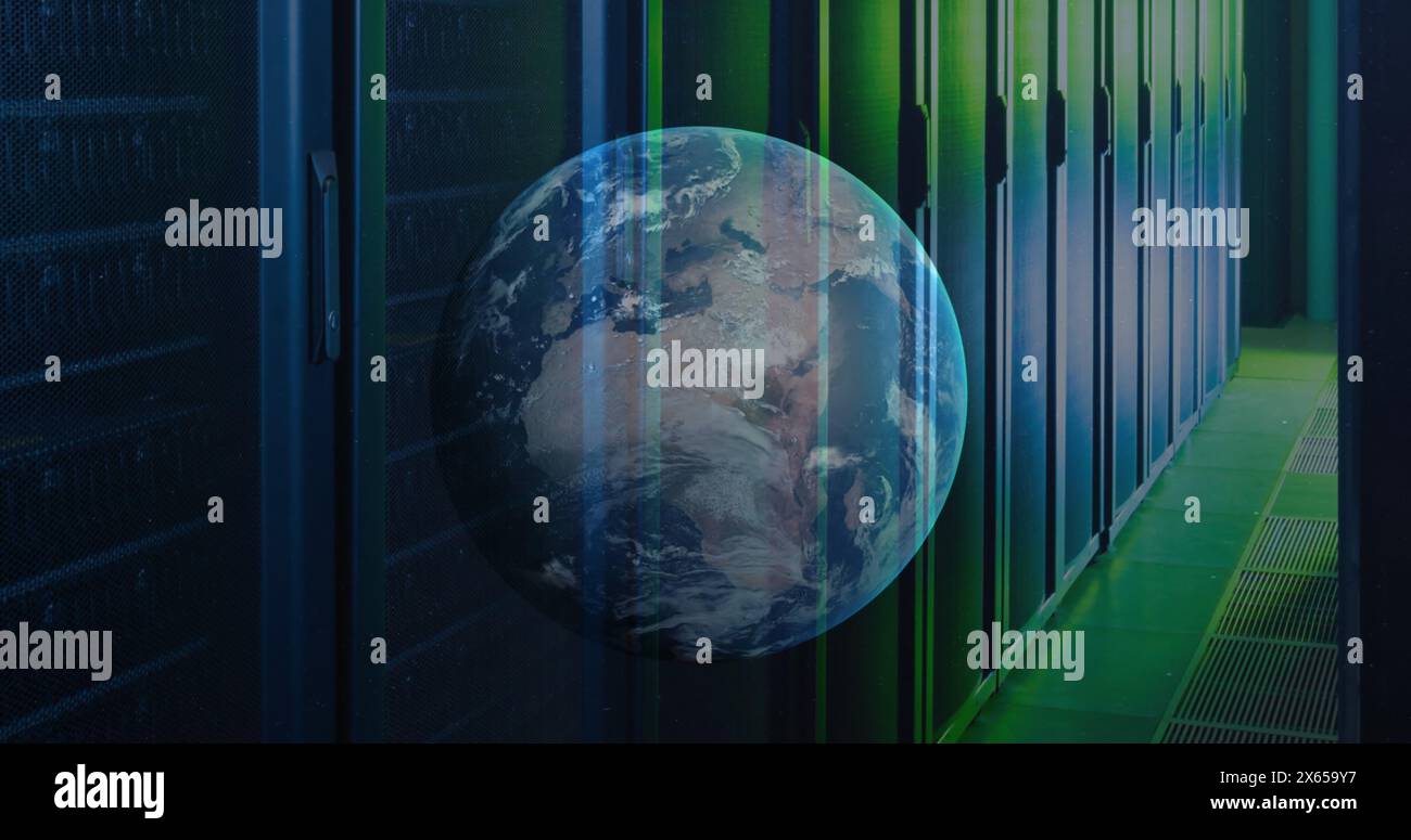 Image of moving globe against server room in background Stock Photo