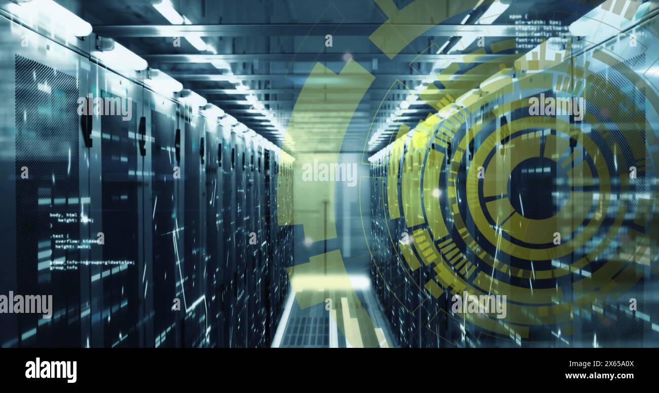 Image of loading circles and computer language over bars on data server racks Stock Photo