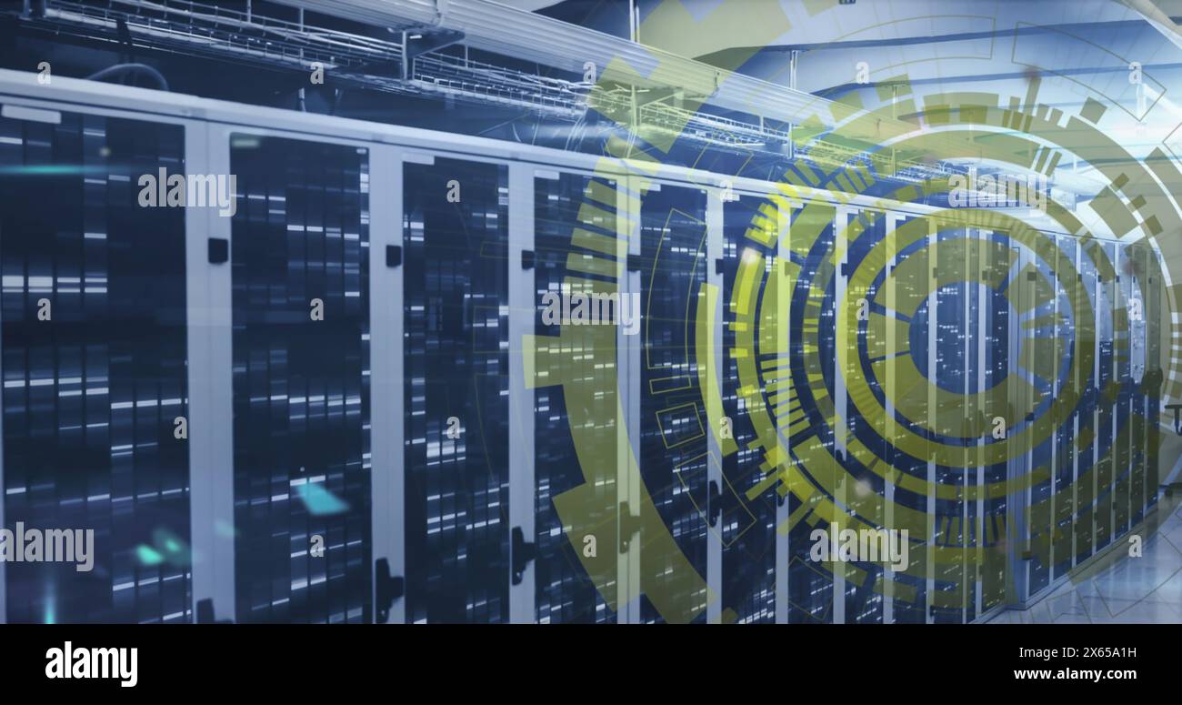 Image of loading circles over bars on data server systems in server room Stock Photo