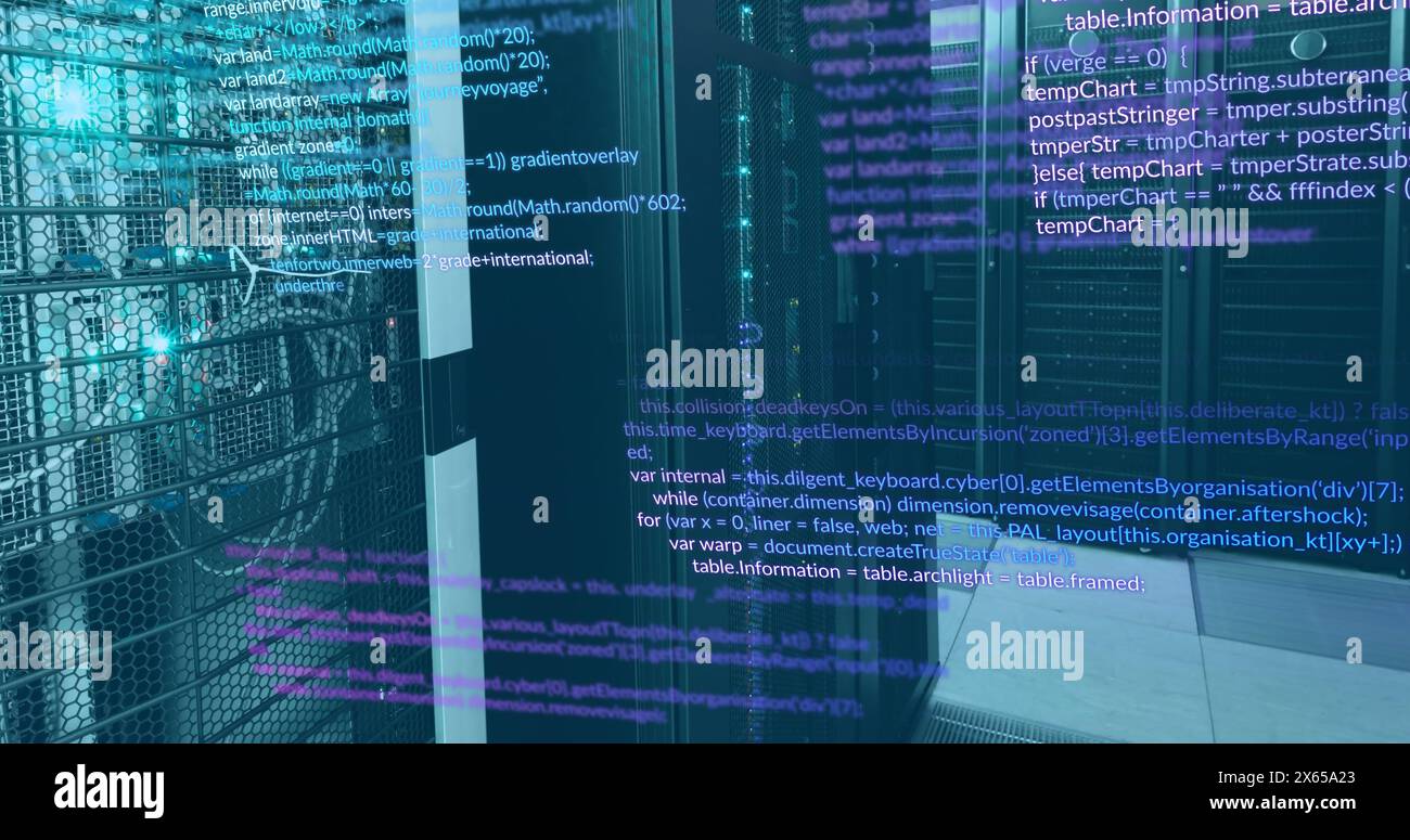 Image of multicolored computer language over illuminated data server systems Stock Photo