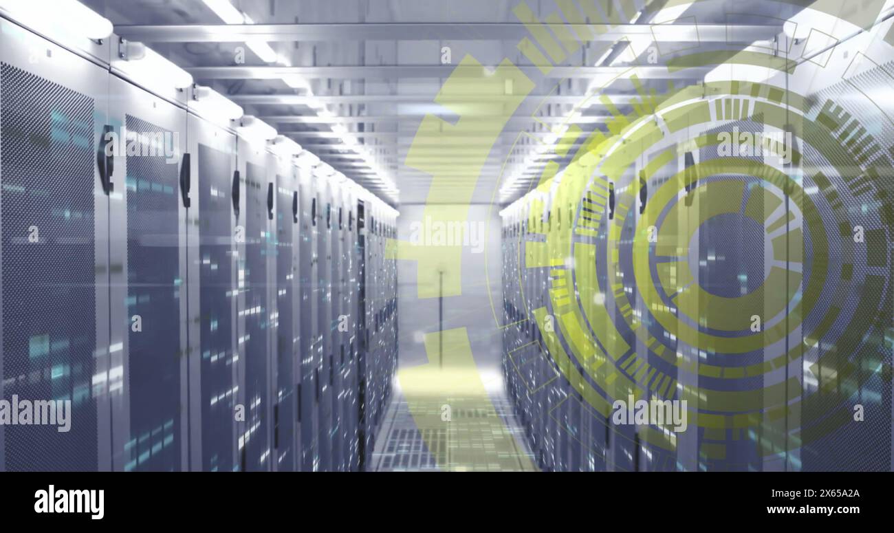 Image of loading circles over bars on data server systems in server room Stock Photo