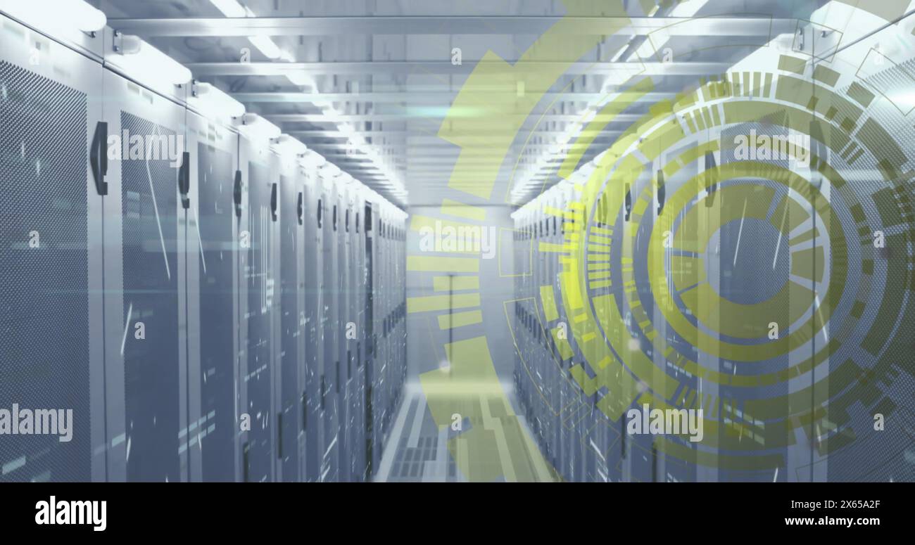 Image of loading circles over bars on data server systems in server room Stock Photo