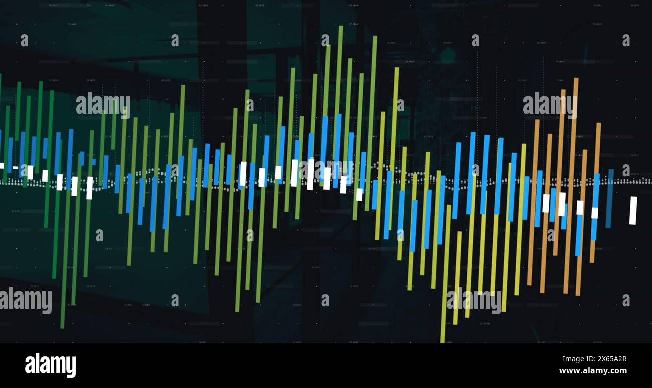Image of multiple graphs with changing numbers over empty office Stock Photo