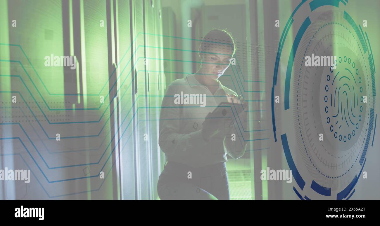 Image of fingerprint over caucasian female engineer using digital tablet in server room Stock Photo