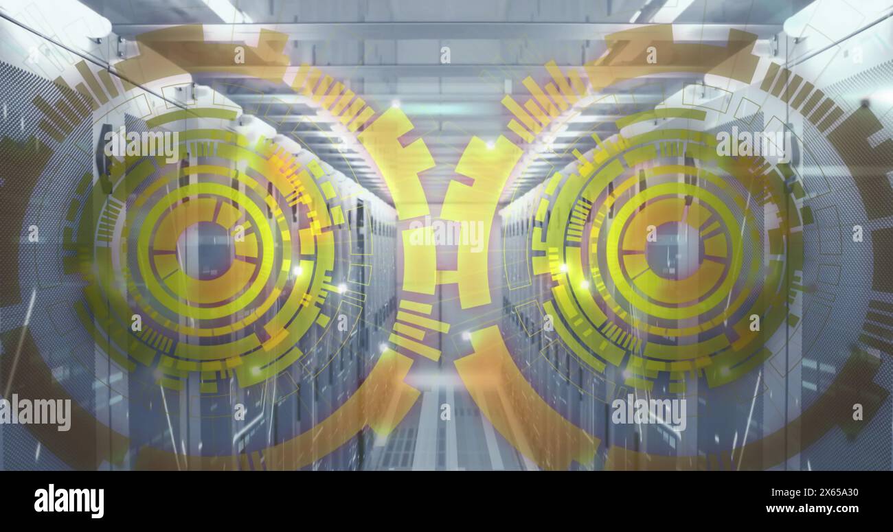 Image of loading circles over bars on data server racks in server room Stock Photo