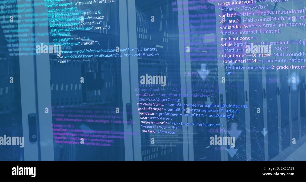 Image of computer language and connected icons over data server racks in server room Stock Photo