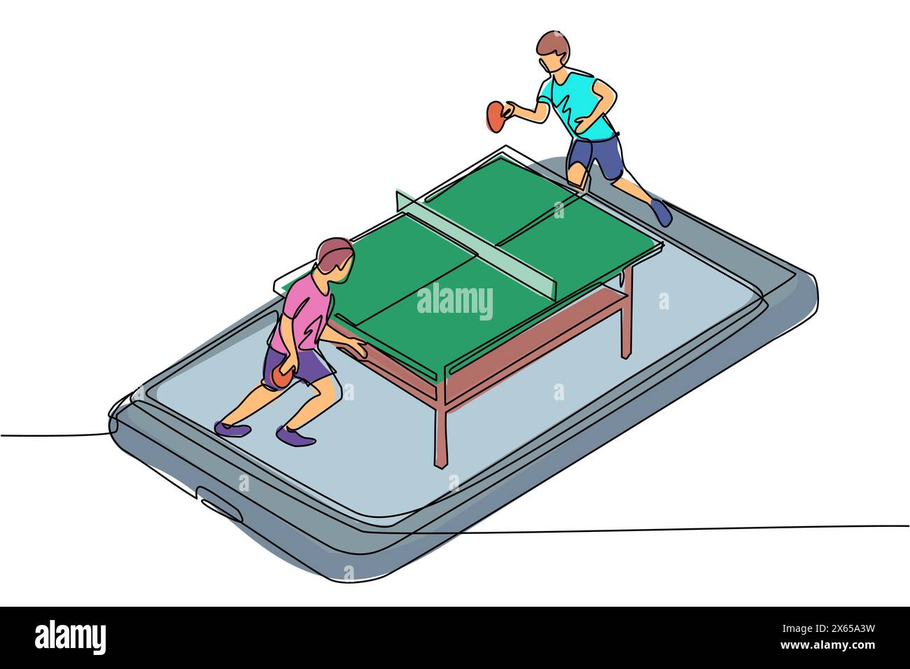 Single continuous line drawing table tennis court with two players on smartphone screen. Professional sports competition: table tennis players during Stock Vector