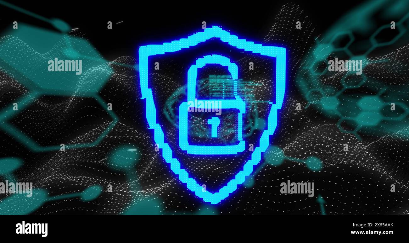 A blue digital shield displaying lock symbol, hovering over a blue background Stock Photo